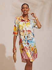 levne Dovolená šaty-santorinské letní hedvábné malebné květinové košilové šaty