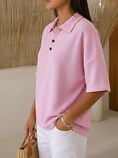  Жен. Вафельная рубашка Летние вершины Пуговицы Сплошной цвет Винтаж Стиль Без рукавов Воротник-поло Длинные топы Повседневные на открытом воздухе Праздники Желтый Светло-зеленый Розовый