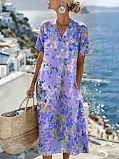 preiswerte Blumenkleider-Damen Midikleid Sommerkleid Freizeitkleid Urlaub Lässig Strand Strand Lässiger Schnitt Blumen Grafik Kurzarm V Ausschnitt Blau Gelb Rosa Purpur Sommer Frühling