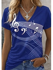  Per donna Maglietta Stampato Floreale Grafico Musica Vintage Elegante Classico Manica Corta Scollo a V Top Regolari Quotidiano Sportivo Uscire Blu Bianco Estate Primavera Autunno