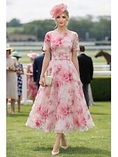 preiswerte Cocktailkleider-A-Linie Tee-Länge Cocktailkleider Kleider für Hochzeitsgäste Elegant Kurzarm U-Boot-Ausschnitt Gartenparty Formell Jacquard mit Blumenmuster Druck