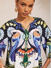 baratos Vestidos Florais-Vestido longo de chiffon com estampa de pássaros e flores, mangas raglan.