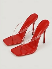 cheap Heeled Sandals-Women's Red Clear Strap Thong Stiletto Sandals – Sexy Cocktail Party Heels