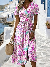  Women's Midi Dress A Line Dress Vacation Casual Boho Regular Fit Floral Graphic Short Sleeve V Neck Blue Yellow Red Purple Summer Spring