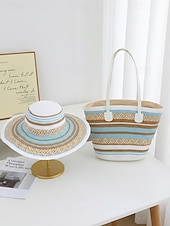 cheap Vacation &amp; Travel Bags-Women's Bohemian Striped Straw Tote Bag and Sun Hat Set, Boho Ethnic Woven Beach Vacation Handbag Set in Multiple Colors for Resort Travel, Casual Summer Outfits and Everyday Wear
