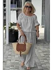 preiswerte Blusenanzüge für Damen-Damen Hosen-Sets Kunstbaumwollleinen Kurzarm Rundhalsausschnitt Einfarbig Mode Streetwear Lässig Täglich Outdoor Blau Schwarz Weiß Frühling &amp; Sommer Lässiger Schnitt