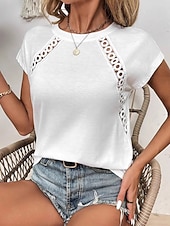 cheap Lace Tops-Women's Eyelet Top Pointelle Tee Lace T-shirt Graphic Plain Vintage Stylish Short Sleeve Crew Neck Regular Tops Casual Daily Weekend White Summer Spring