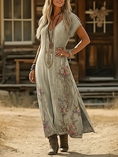 preiswerte Ethnisches Boho-Kleid-Damen Maxikleid Boho-Kleid Freizeitkleid A Linie Kleid Druckkleid Vintage Outdoor Urlaub Wochenende Normale Passform Blumen Grafik Kurzarm V Ausschnitt Blau Dunkelgrün Violett Grün Sommer Frühling