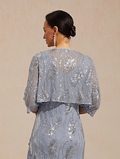 abordables Chaquetas-Mujer Camisa Blusa Chaqueta Lentejuelas Malla Transparente Pluma Elegante Manga 3/4 Cuello halter Fiesta de Noche Semi-formal Ropa formal Azul polvoriento Verano Primavera Otoño