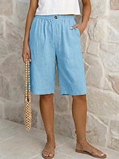 baratos Partes inferiores-Mulheres Calças com toque de linho Bermudas Calças Capri Calção Férias Moda Roupa de rua Comprimento do joelho Cintura Alta Tecido Bolsos Cintura elástica Respirabilidade Confortável Respirável Com