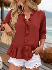 tanie Gładkie bluzki-Koszula damska 100% bawełniana bluzka koszula z falbanami patchwork jednolity kolor casualowa stylowa klasyczna nowoczesna długi rękaw dekolt w serek regularne bluzki na co dzień wakacje na wyjście