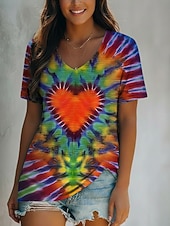 economico T-shirt Boho-Per donna Maglietta Stampato Cuore Grafico Tinta a nodi Bohemien Vintage Casual Manica Corta Scollo a V Top Regolari Quotidiano Arcobaleno Estate Primavera