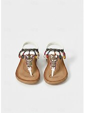 preiswerte Flache Sandalen-Braune Damen-Sandalen im Boho-Stil mit T-Riemen und bunten Perlenanhängern – Vintage-Ethno-Stil, bequeme flache Schuhe für Strandurlaube und Sommerresorts