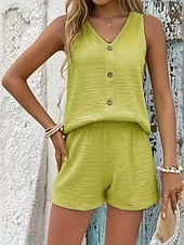 cheap Women's Blouse Suits-Women's Two Piece Sets Camis Shorts Sets Sleeveless V Neck Plain Fashion Streetwear Casual Daily Outdoor Navy Blue Sky Blue Orange Summer Loose Fit