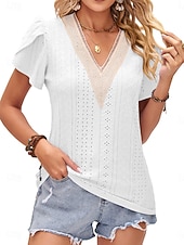cheap Plain tee-Women's Texture Blouse Eyelet Top Pointelle Tee Blouse Hollow Out Color Block Active Stylish Short Sleeve V Neck Regular Tops Casual Daily Outdoor White Pink Summer Spring