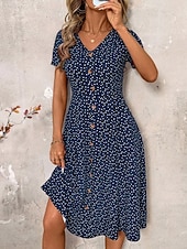 cheap Floral Dress-Women's Midi Dress A Line Dress Casual Outdoor Going out Regular Fit Polka Dot Short Sleeve V Neck Navy Black Wine Green Summer Spring