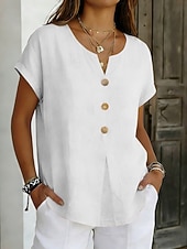 baratos Blusas Simples-Mulheres Blusa Botões Côr Sólida à moda Básico Casual Manga Curta Decote V Tops regulares Diário Azul Preto Branco Rosa Roxo Verão Primavera