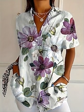 abordables Blusas Florales-Mujer Camisa Camisa con botones Tops de verano Botones Estampado Floral Graphic Vintage Elegante Moderno Manga Corta Cuello Camisero Tops largos Diario Verde Claro Rosa Púrpula Claro Verano Primavera