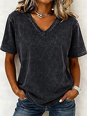  T-shirt femme en coton délavé à l'acide, style vintage, manches courtes, col V, coupe classique, décontracté, idéal pour le quotidien et les sorties, bleu violet / bleu noir violet orange été