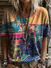economico T-shirt Boho-Per donna Maglietta Stampato Floreale Grafico Geometrico Vintage Elegante Casual Manica Corta Scollo a V Top lunghi Casuale Quotidiano Weekend Blu Viola / Blu Nero Giallo Vino Estate Primavera