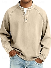 olcso alap pólók-Férfi Póló Henley ing 100% Cotton Acid Wash ing Tee Top Hosszú ujj Sima Szüret Utcai sikk Alkalmi Kimosva Raglán ujjak Állógallér Henley Hétköznapi Otthon Utca Tavasz Ősz Ősz &amp; tél Fekete Rózsaszín