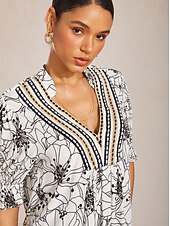 preiswerte Hemden, Tops und Blusen-Spitzenkleid mit Blumenmuster, V-Ausschnitt und Puffärmeln