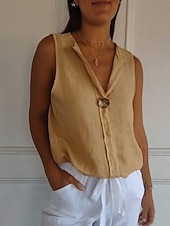 economico Camicie-Per donna Camicia in cotone e lino Maglietta Bottoni Semplice Moda Elegante Classico Senza Maniche Colletto a Camicia Top Regolari Quotidiano Uscire Weekend Bianco Blu marino Verde Cachi Estate
