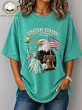 billiga Självständighetsdagen Topp-amerikanska självständighetsdagen dam-t-shirt i 100 % bomull bomullsskjorta vintage tvättad topp tryck grafiskt flagga snygg grundläggande klassisk kortärmad rund hals vanlig topp casual daglig blå svart lila grön
