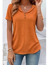 cheap Plain Blouses-Women's Shirt Popover Shirt Summer Shirt Casual Shirt Solid Color Plain Vacation Fashion Casual Short Sleeve V Neck Long Tops Streetwear Beach Holiday Orange Summer Spring Fall
