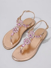 cheap Flat Sandals-Women's Gold Crystal Flat Sandals, Open Toe T-Strap Evening Dress Shoes for Resort Dinner, Vacation &amp; Summer Evening Events