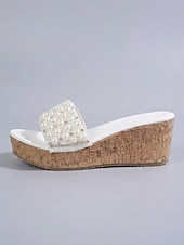 abordables Sandales compensées-Sandales compensées élégantes pour femmes, ornées de fausses perles noires, idéales pour les croisières et les soirées sur le pont. &amp;vêtements de villégiature de luxe