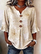 abordables Blusas Florales-Semana Santa Mujer Camisa Floral Graphic Vintage Elegante Manga Larga Escote en Pico Tops largos Casual Diario Festivos Verde Trébol Beige Azul claro Verano Primavera