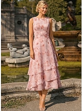 baratos Conjuntos de vestidos para mamãe-Duas Peças Linha A Longuette Vestido de convidada de casamento Vestido Para Mãe dos Noivos Sem Manga Manga 3/4 Gola Redonda Elegante Simples Minimalista Formal Semi formal Chiffon Jacquard com