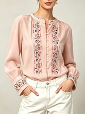 abordables Blusas Elegantes-camisa de manga larga para mujer con bordado floral