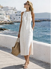 billige Essensielle falske kjoler-Dame Midikjole Imitert bomullslin Blonde kjole Strandkjole Uformell kjole Elegant Mote Moderne Strand Feriereise Helg Normal عادي Ermeløs Grimehals Blå Svart Hvit Gul Sommer Vår