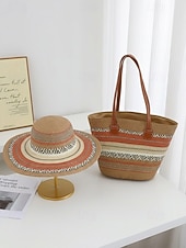 cheap Vacation &amp; Travel Bags-Women's Bohemian Striped Straw Tote Bag and Sun Hat Set, Boho Ethnic Woven Beach Vacation Handbag Set in Multiple Colors for Resort Travel, Casual Summer Outfits and Everyday Wear