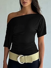  Per donna Top con spalle scoperte Maglietta Top da uscita Grafico Semplice Vintage Elegante Manica Corta Asimmetrico Senza Spalle Top Regolari Casuale Spiaggia Estate Nero Bianco Verde Estate