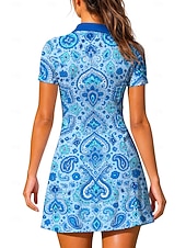 cheap Women's Tennis Dress-Women's Paisley Tennis Dress Short Sleeve Zipper Print Breathable Tennis Golf Badminton Collar Polo Collar Dress Blue and White Tennis Clothing