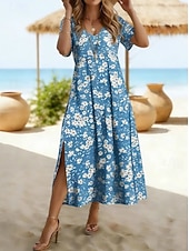 abordables Vestidos florales-Mujer Vestido maxi Vestido de una línea Vestido de verano Vacaciones Casual Playa Ajuste regular Floral Graphic Manga Corta Escote en Pico Azul Piscina Azul Oscuro Verano Primavera