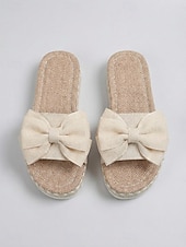 halpa Liukuesteet-Naisten kermanväriset pellavaiset rusettivartiset sandaalit - elegantit espadrillot flatform-kengät risteilylomille ja trooppisille kesälomille &amp;ylellinen lomakeskusvaate