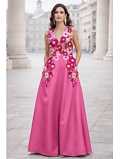 abordables Vestidos de Noche en A-Corte A Hasta el Suelo Vestidos de noche Elegante Estilo de Celebridad Princesa Sin Mangas Escote en Pico Fiesta de jardin Boda Bolsillo Satén con Flor bordada Plisado Bordados