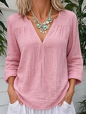 billige Skjorter-Dame Skjorter med linfølelse Bluse Skjorte i imitert lin Helfarge Stilfull Fritid Langermet V-hals Vanlige topper Daglig Blå Rosa Lilla Oransje Vår Høst