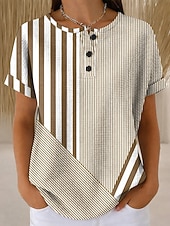 voordelige Stripe &amp; Geometrische t-shirt-Dames Wafel T Shirt Print Graphic Gestreept Vintage Stijlvol Klassiek Korte Mouw Crew Hals Reguliere Tops Dagelijks Blauw Paars Groen Khaki Zomer Lente
