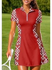 cheap Women's Tennis Dress-Women's Geometric Sports Dress Tennis Polo Dress Short Sleeve Quarter Zip Elastic Sweat-Wicking Breathable Volleyball Tennis Golf Turndown Dress Black Red Blue Tennis Clothing