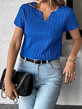  Per donna Maglietta A strisce Semplice Elegante Moda Manica Corta Scollo a V Top Regolari Casuale Quotidiano Spiaggia Blu Primavera