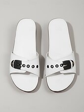 cheap Wedge Sandals-Women's White Buckle Wedge Slide Sandals – Comfortable Rivet Slides for Garden, Casual, Vacation and Everyday Wear