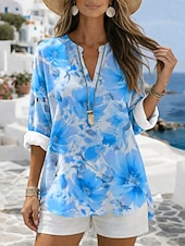 Χαμηλού Κόστους Λουλουδάτες μπλούζες-Γυναικεία Μπλούζα Στάμπα Φλοράλ Γραφική Βίντατζ Καθημερινά Στυλάτο Μακρυμάνικο Λαιμόκοψη V Κανονικά μπλουζάκια Causal Καθημερινά Αργίες Θαλασσί Κίτρινο Βυσσινί Πορτοκαλί Καλοκαίρι Άνοιξη