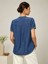 abordables Blusas Elegantes-Camisa de manga corta con cuello mao bordado para mujer