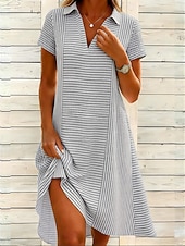 preiswerte Streifen- und geometrische Kleider-Damen Minikleid Sommerkleid Urlaub Lässig Boho Täglich Strand Lässiger Schnitt Grafik Tupfen Kurzarm V Ausschnitt Revers Rosa Himmelblau Grün Grau Sommer Frühling