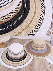 cheap Vacation &amp; Travel Bags-Women's Bohemian Striped Straw Tote Bag and Sun Hat Set, Boho Ethnic Woven Beach Vacation Handbag Set in Multiple Colors for Resort Travel, Casual Summer Outfits and Everyday Wear
